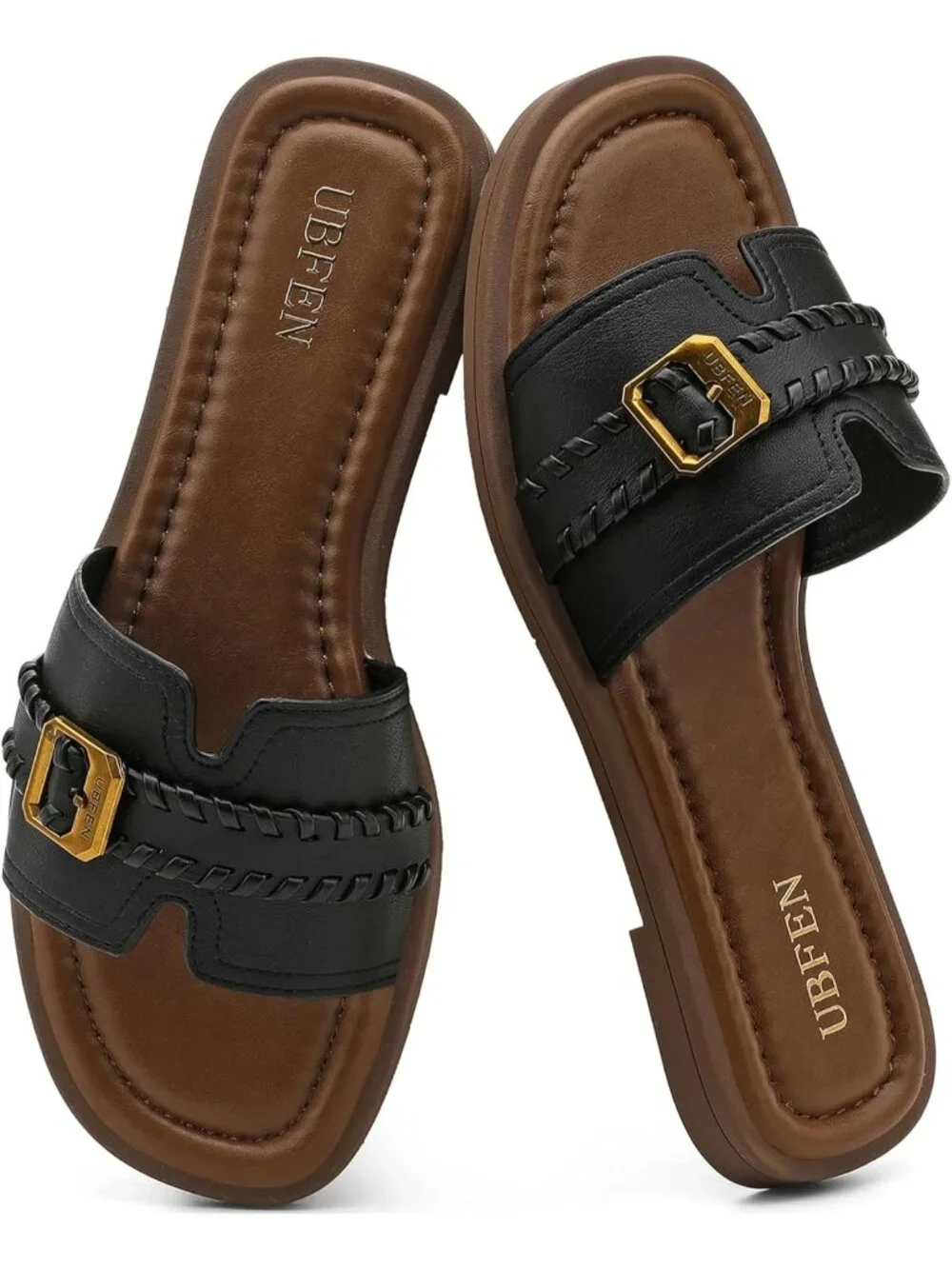 Women's Black Brown Square Toe Flat Sandals Slides Dressy Comfortable for Beach
